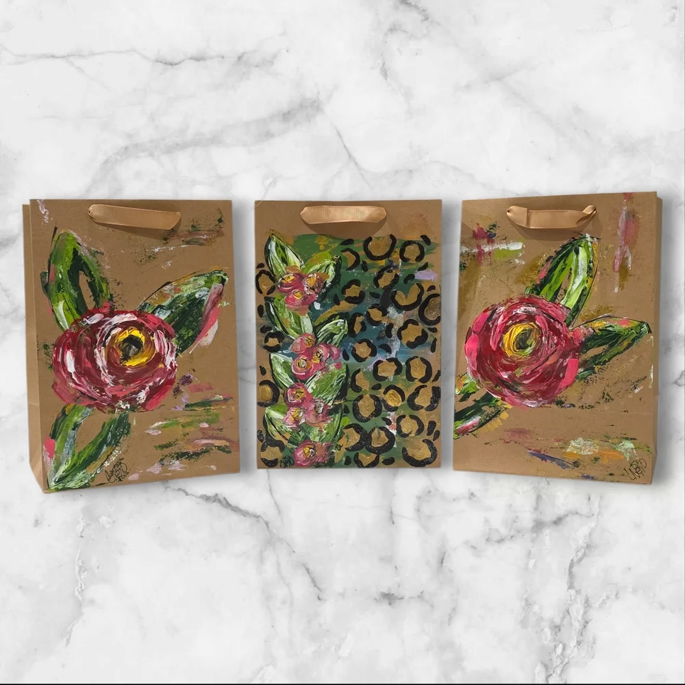 Set Of Three Gift Bags Hand Crafted Hand Painted Boho Paper Bags C31
